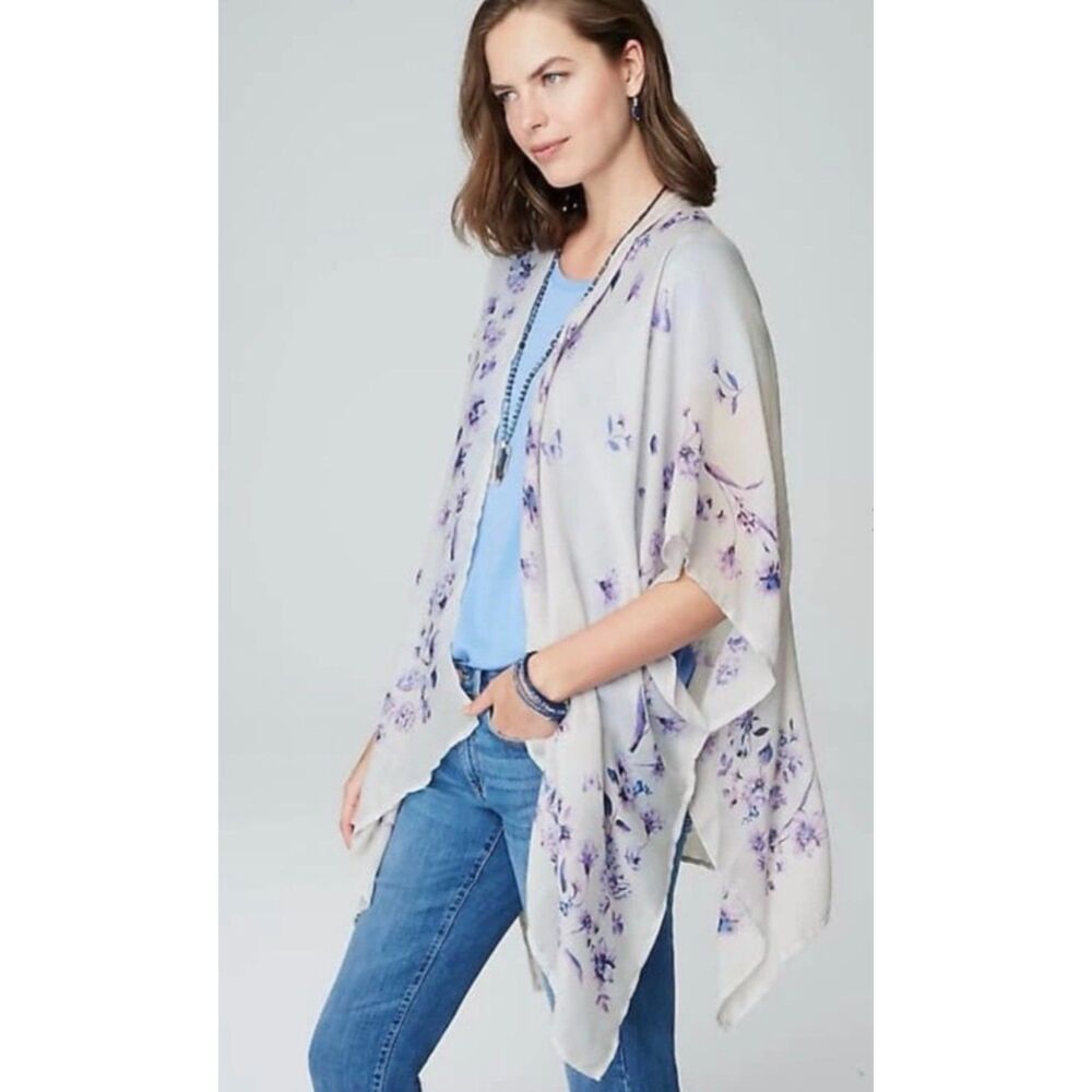J. JILL Butterfly Printed Ruana, Kimono, Dark Zinc Multi, Lavender/Gray, Sz S-L